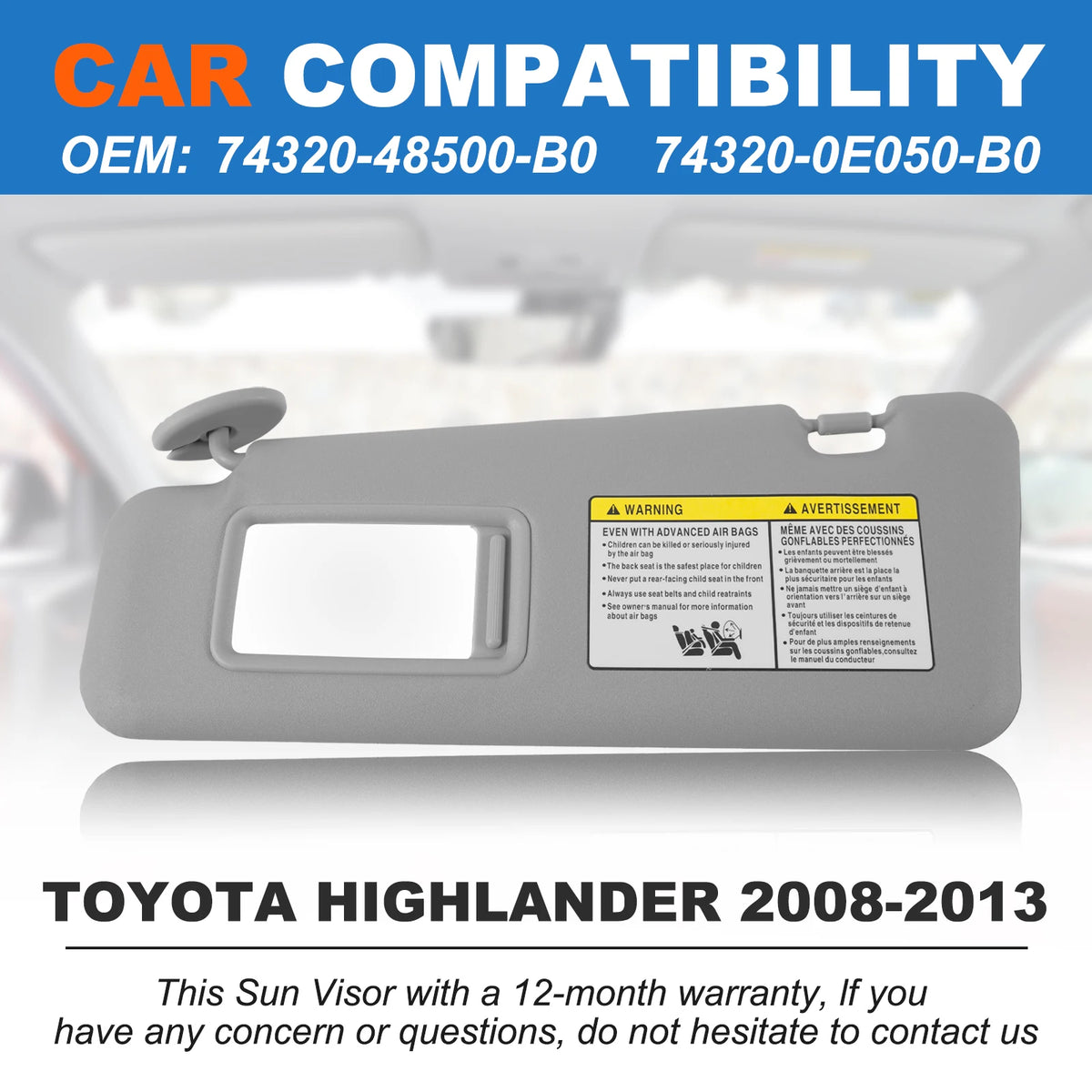 For Toyota Highlander 2009 2010 2011 2012 Car Front Sun Visor Panel Driver & Passenger Side Sunvisor Replacement 74320-48500-B0