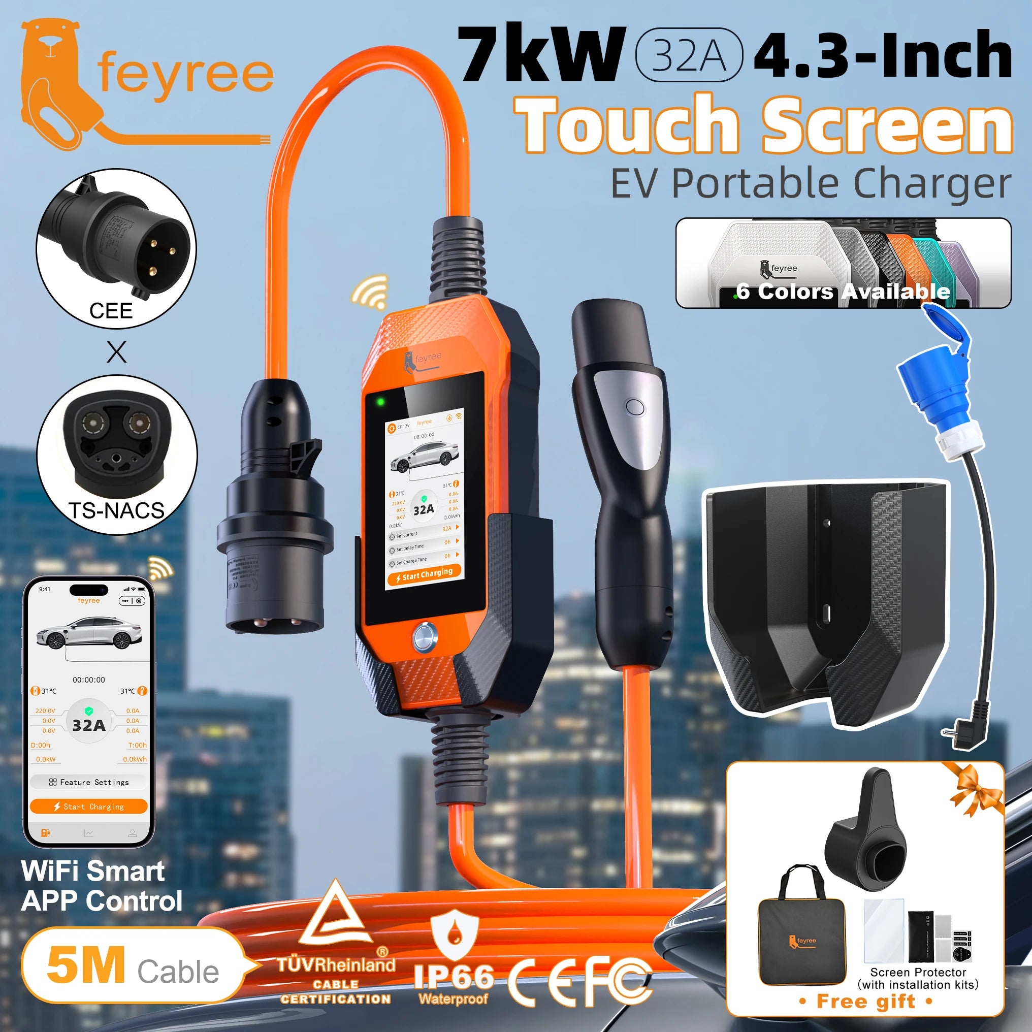 feyree 4.3 Inch Touch Screen Portable EV Charger | 7kW 32A Smart WiFi for Tesla