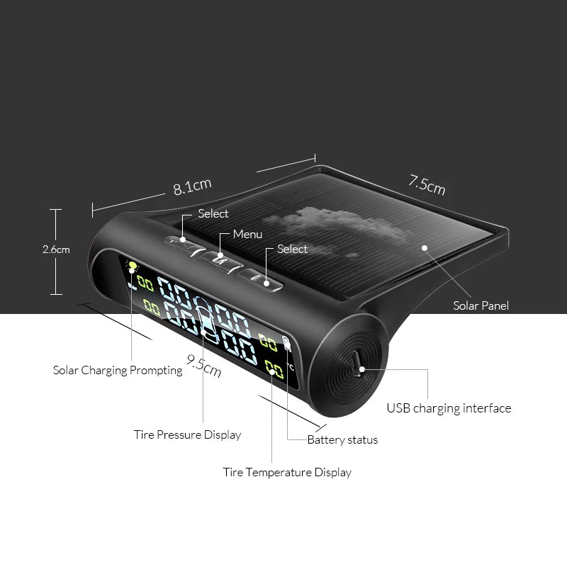 Yangood TPMS Car Tire Pressure Monitor | Solar USB Charging Color Display 4 Sensors additional angle