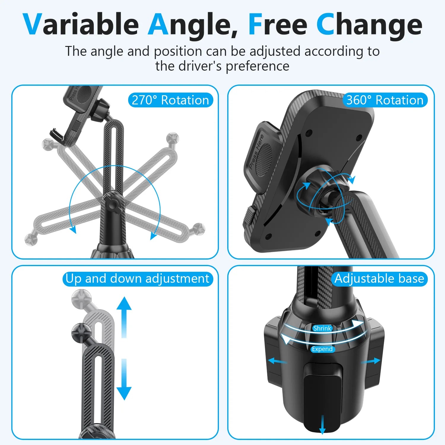 Adjustable Cup Holder Phone Mount | Universal Car Truck Golf Cart Accessory detail view
