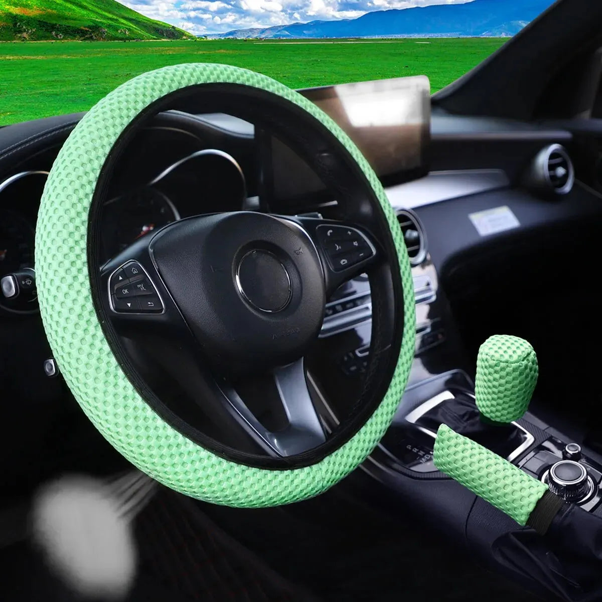3 Car Massage Mesh Cloth Steering Wheel Cover Handbrake & Handle Cover Set Breathable alternate view