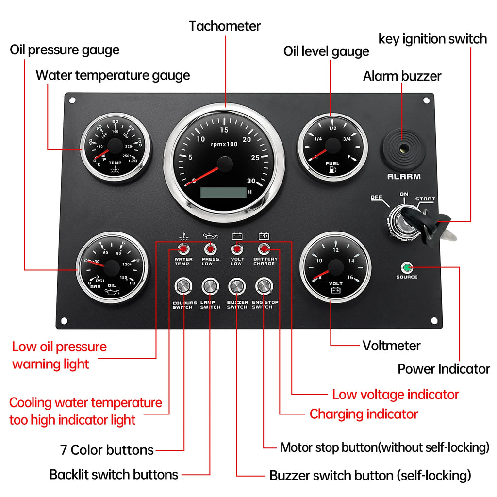 Engine Dash Instrument Panel 5 Gauge Set 7Color LED 85mm Tachometer 52mm Fuel Level Oil Press Water Temp VOLT for RV Boat Custom