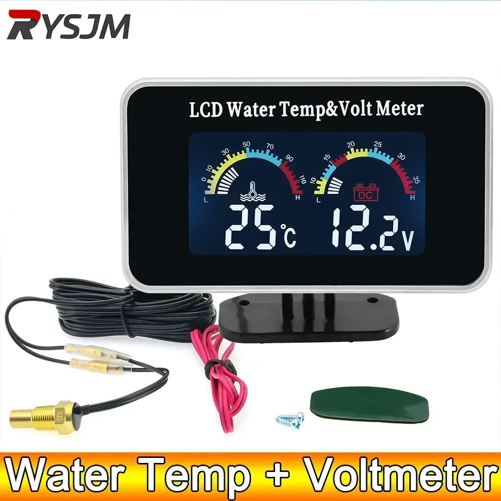 AD Car LCD Water Temperature Meter Voltmeter Gauge 2in1 | 12V 24V Dual Display Temp Voltage Monitor