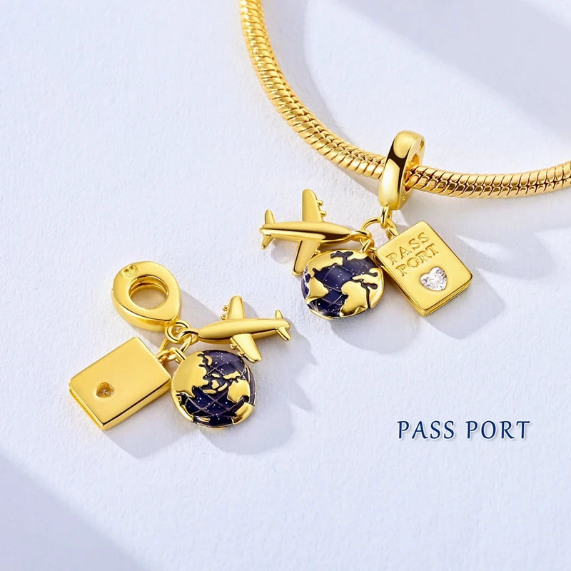 925 Sterling Silver Gold Plated Charms Bead Plane Bow Cross Cat Dangle Fit Original B alternate view