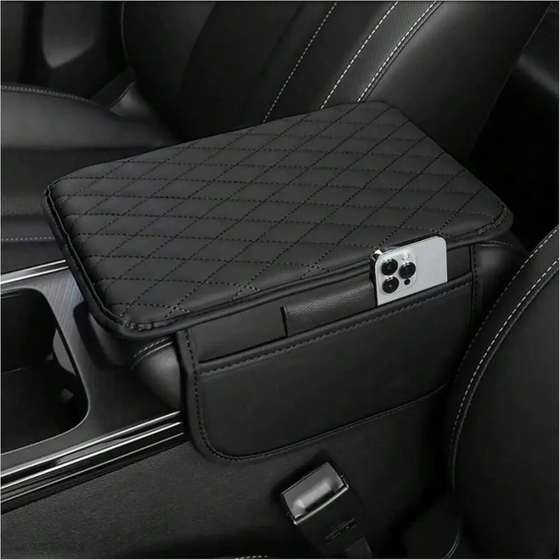 1pc Leather Car Center Console Armrest Cover Pad With 2 Storage Pockets, Universal Automotive Armrest Box Cushion