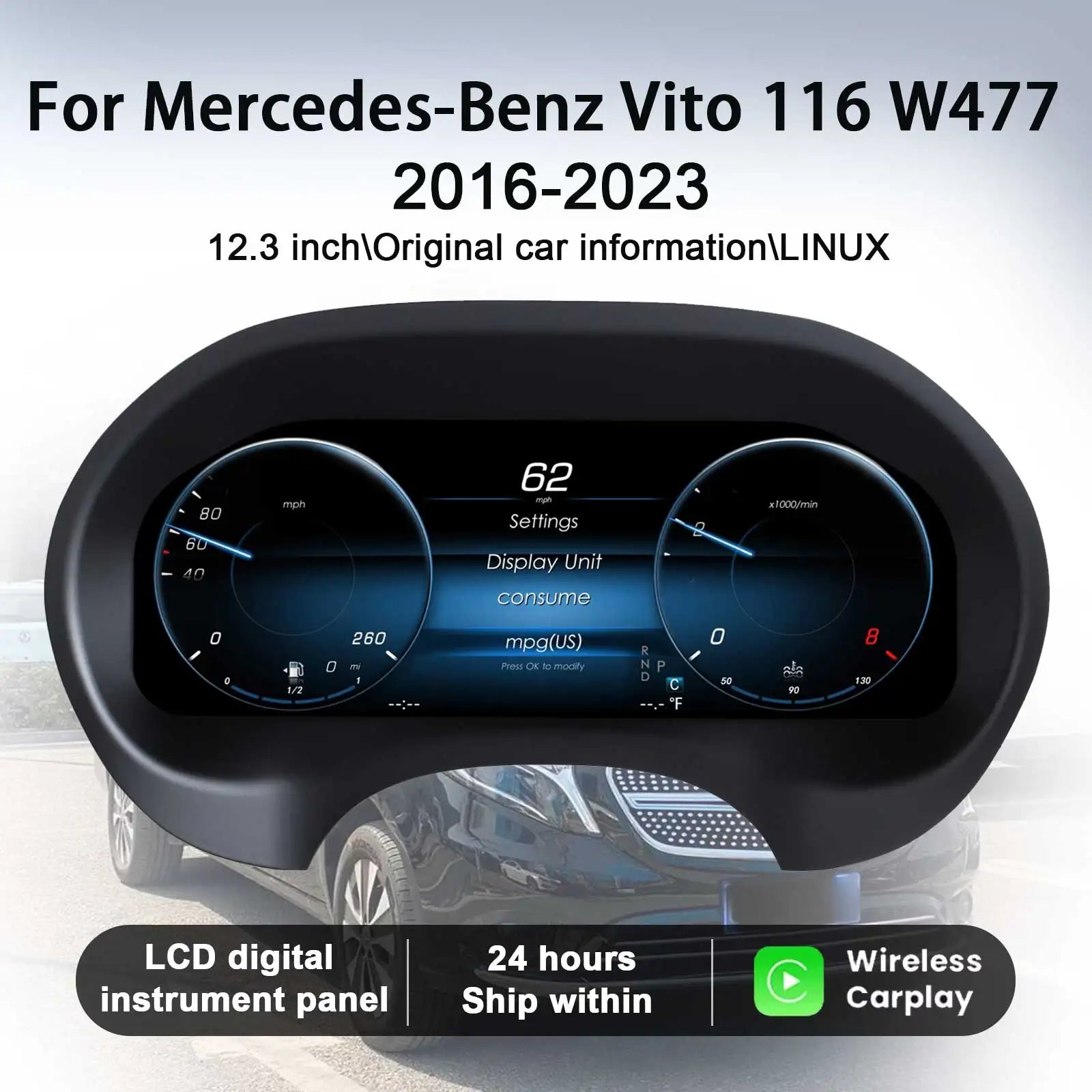 Digital Cluster Dashboard for Mercedes-Benz Vito 116 W477 2016-2023 | 12.3-Inch HD 19 alternate view