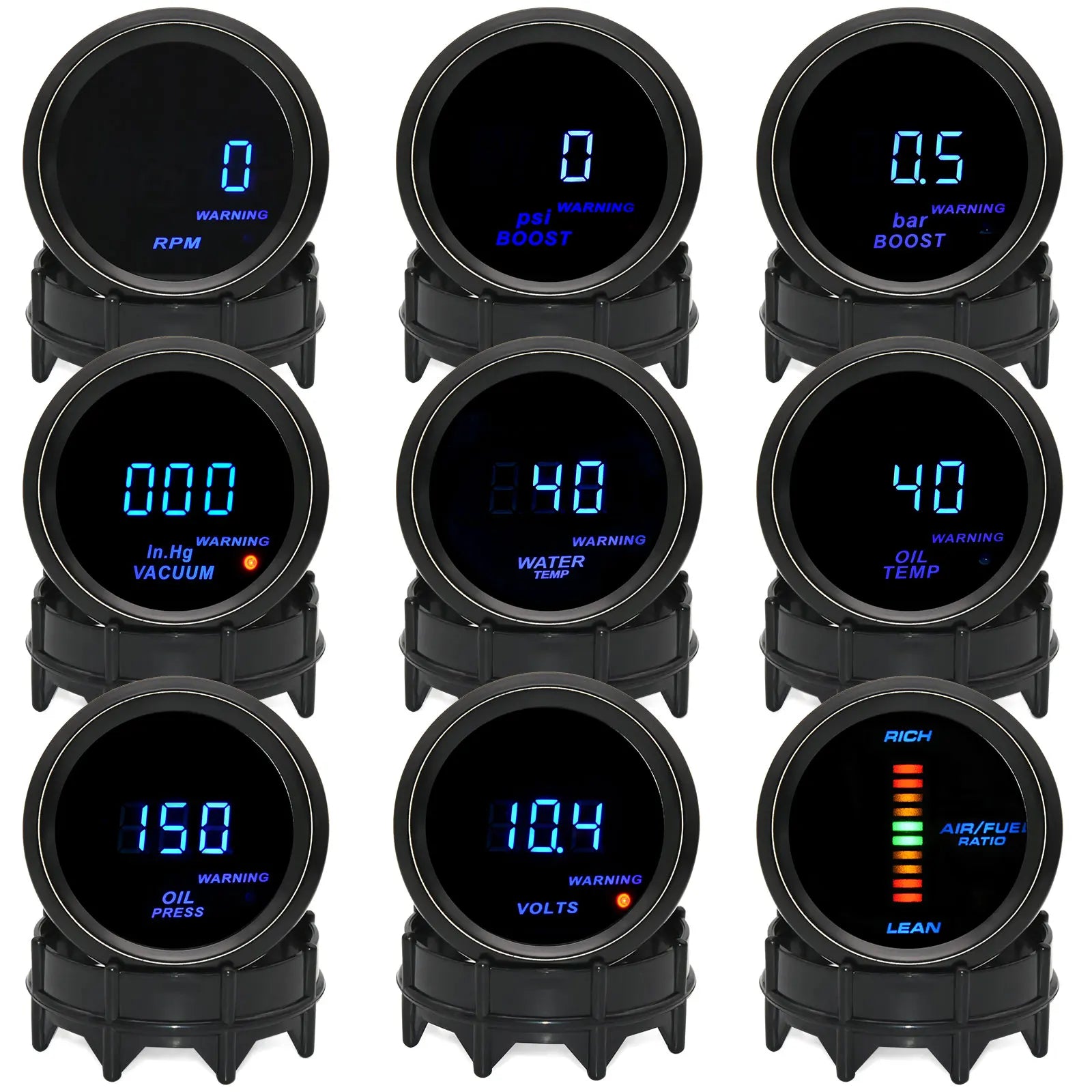 52mm Car Digital Water Temp Oil Temp Turbo Boost Gauge PSI BAR Oil Pressure Gauge Voltmeter Tachometer RPM Meter Holder Optional