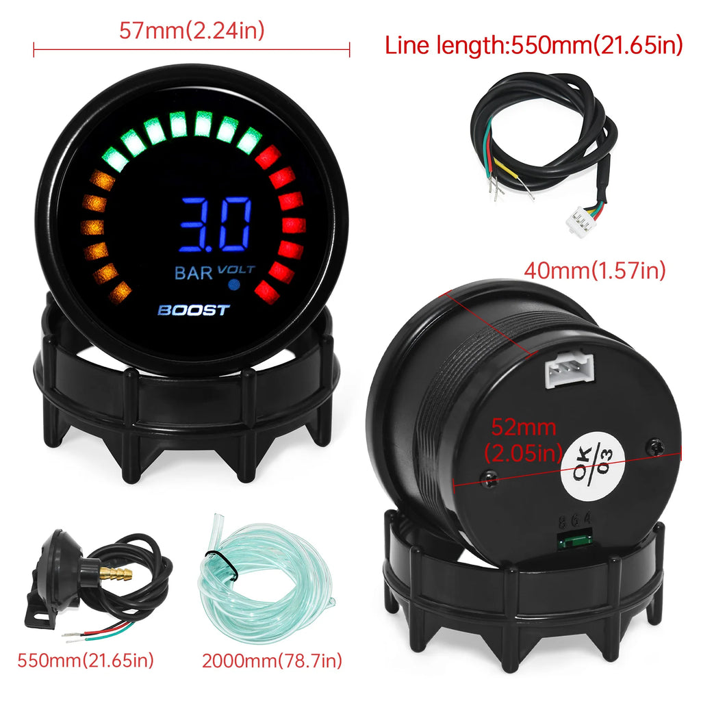 AD 52mm Turbo Boost Gauge Car Gauge Digital Turbo Pressure Gauge -1~3 Bar -15~45 PSI Vacuum Press Meter for 12V Gasoline Engine