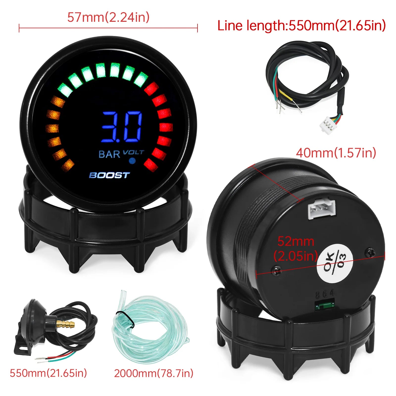 52mm Digital Turbo Boost Gauge | LED Turbo Pressure Gauge for 12V Gasoline Engines alternate view
