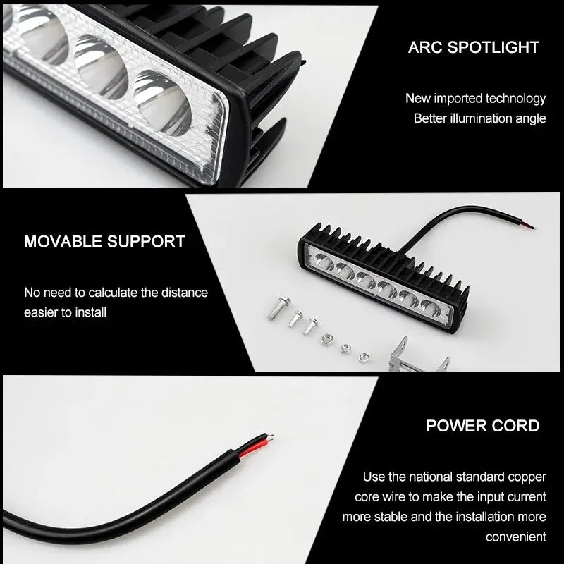 18w 6 LED Car Work Light High Bright Spotlight Universal Offroad Automobile Truck Driv close-up view
