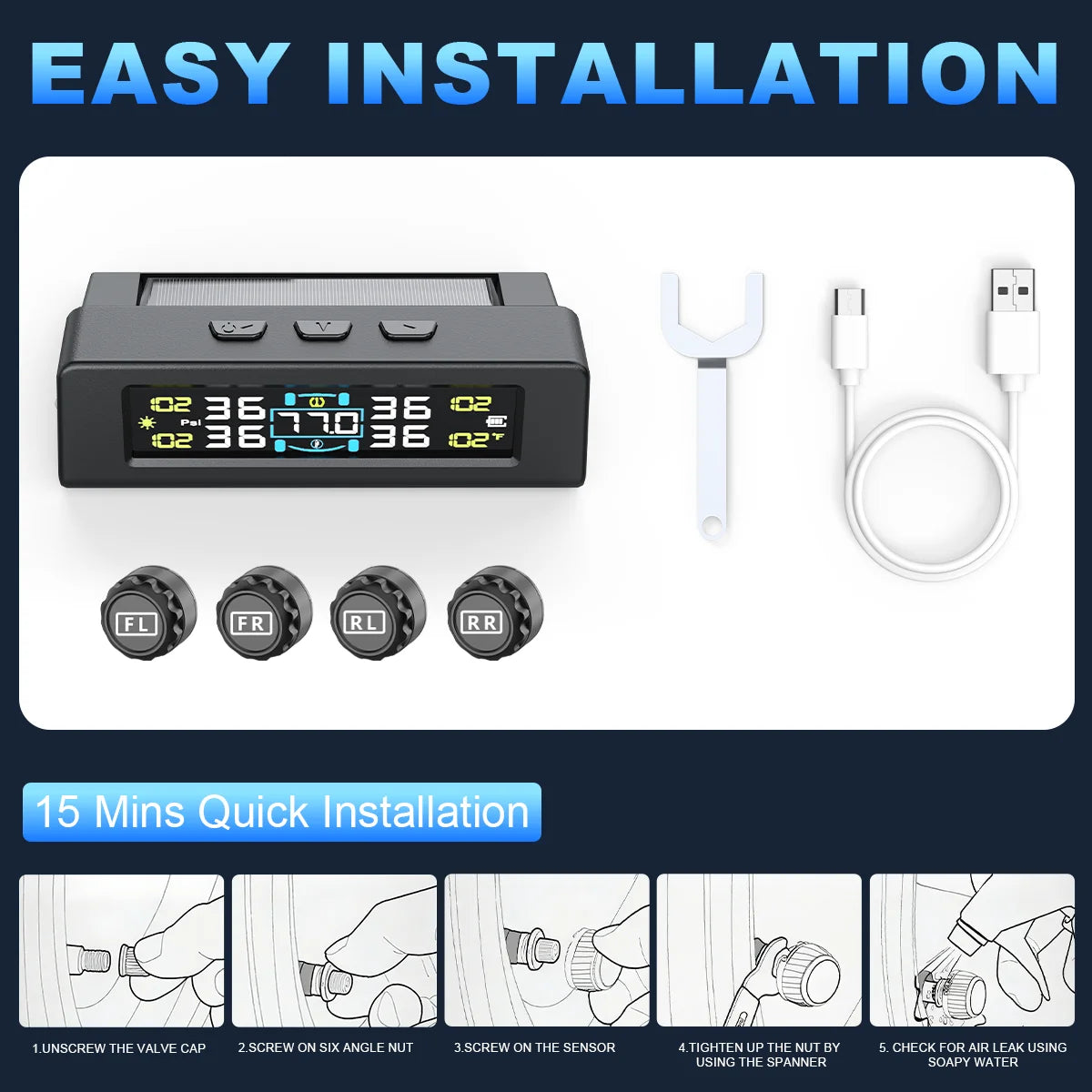 T20 USB/Solar Charging TPMS Car Tyre Monitor with 4 or 6 External Temperature Sensors Digital LCD Display 0-9.9Bar Tire Pressure Gauge Universal Smart 433.92MHz Auto Security Alarm