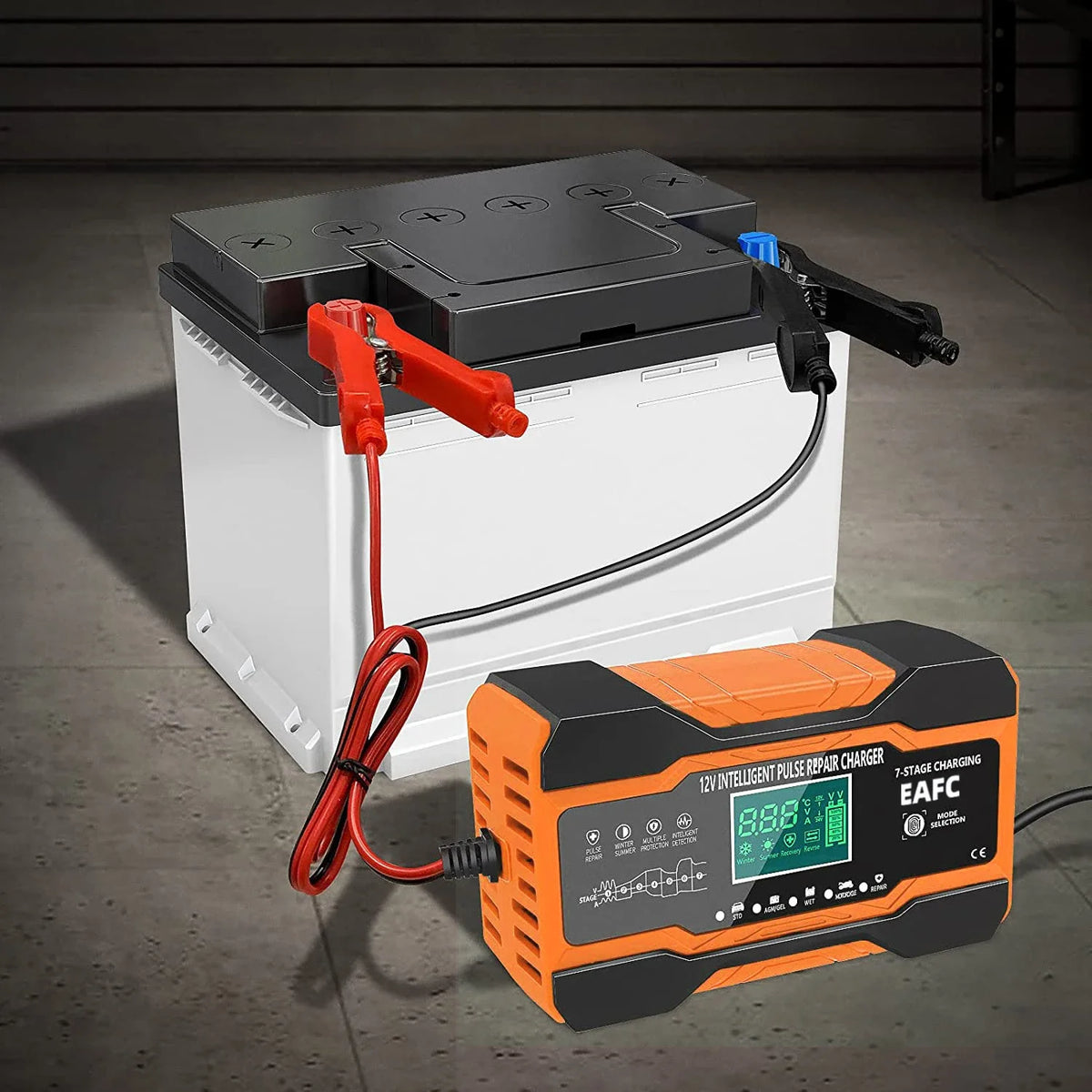EAFC 240W Smart Car Battery Charger 12V 12A Charge for Car Batteries 7-Stage Charging Pulse Repair for AGM GEL WET Lead Acid