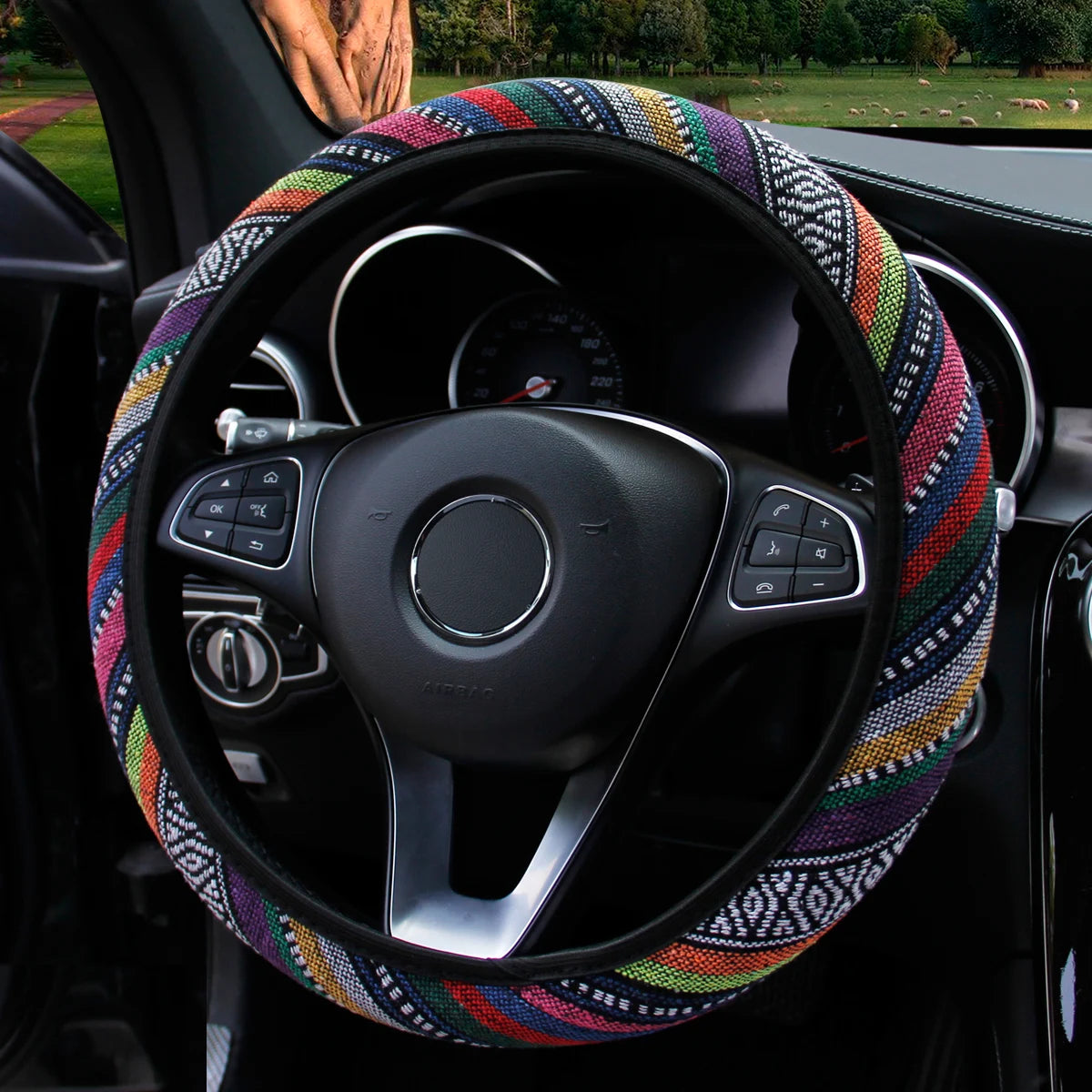 Linen Steering Wheel Cover Fits 14.5-15 Inches lifestyle view