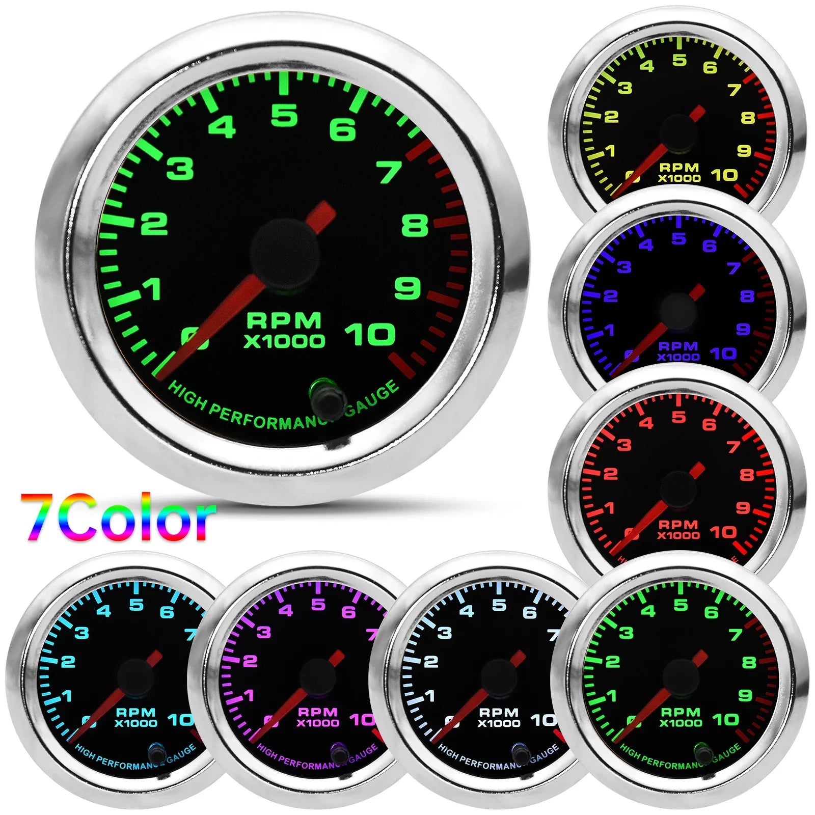 7 Color Backlight 52mm Car Gauge Set | Tachometer Oil Temp Voltage Pressure
