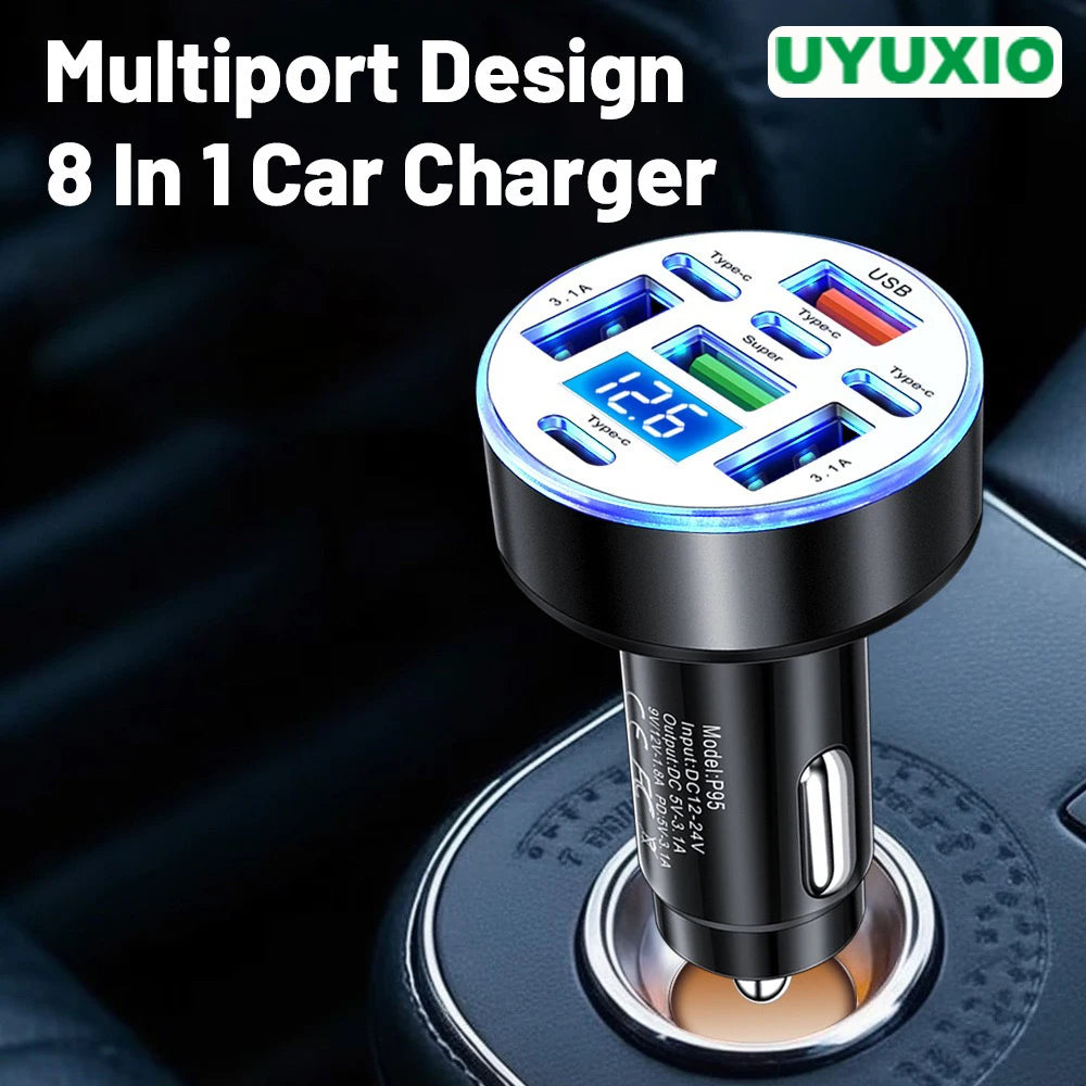 UYUXIO Multi Port USB C Car Charger Adapter 8 in 1 | 130W GaN Fast Car Charger with Voltage Display