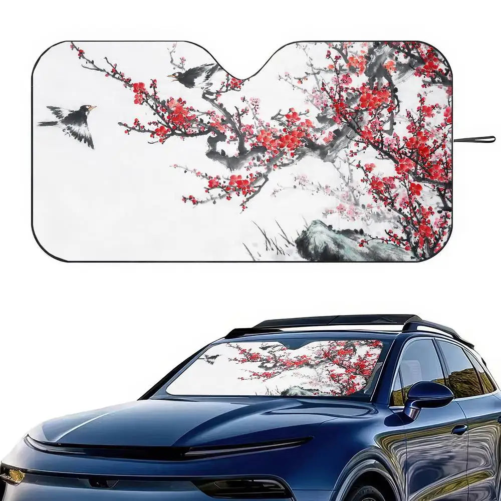 Chinese Plum Flower Sunshade Windscreen 3D Film Plaid Gift Novelty Car Front Window additional angle
