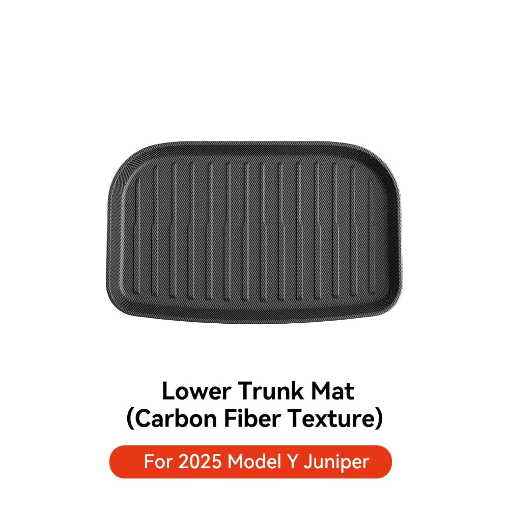 Tesla Model Y Juniper 2025 Floor Mats | Carbon Fiber TPE, Waterproof, Anti-Slip, Trunk close-up view