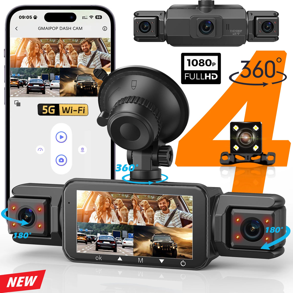 Dashcam for Cars 4 Channel Black Box WiFi Driving Camera FHD 1080P Night Vision Loop Recording Add H
