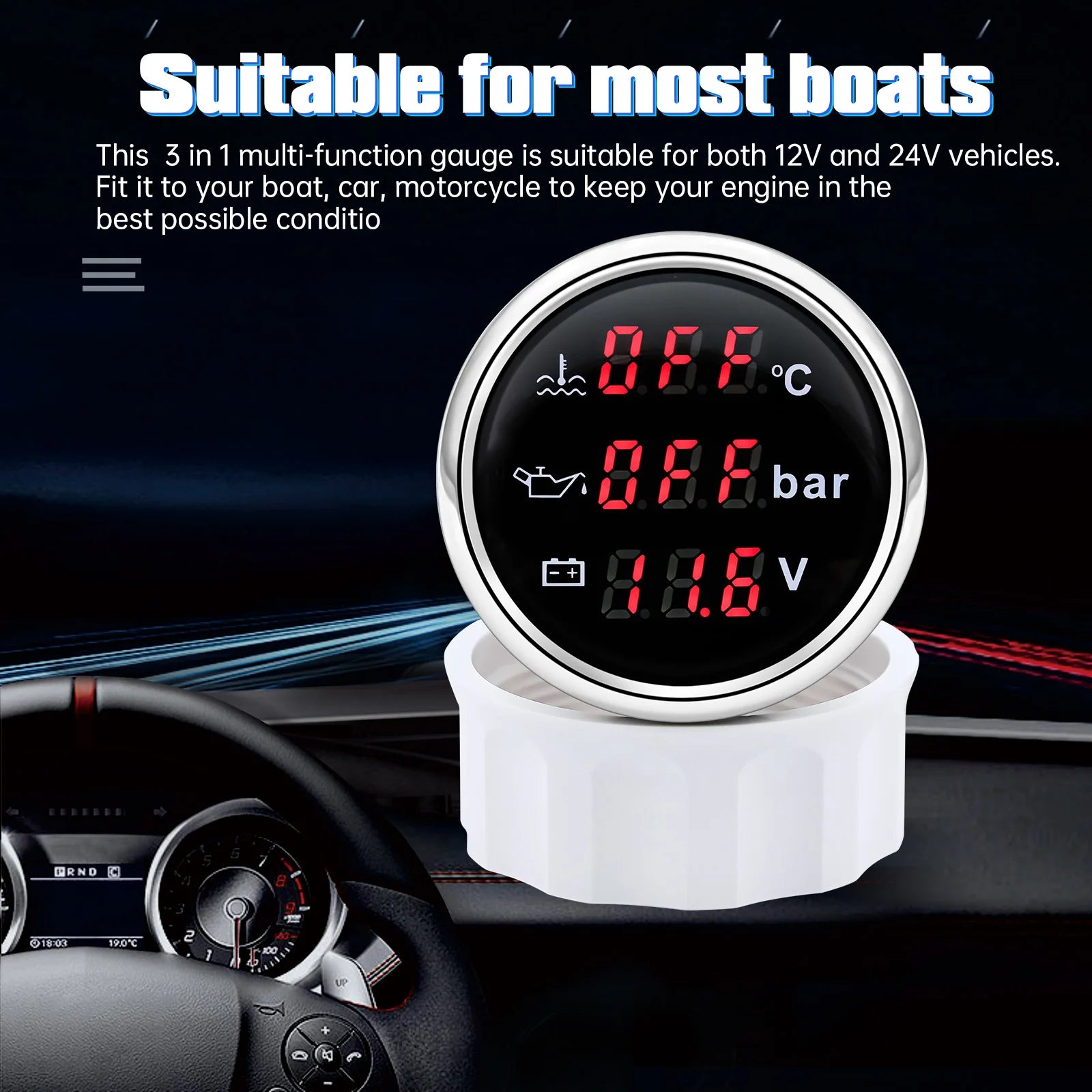 3 in 1 Digital 52mm Gauge with Alarm | Water Temperature, Oil Pressure, and Voltmet additional angle