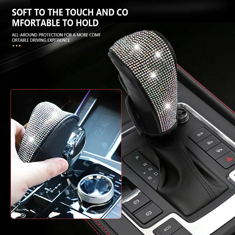 Universal Bling Diamond Gear Shift Cover, Sparkly Rhinestone PU Leather Car Shifter Knob Protector,