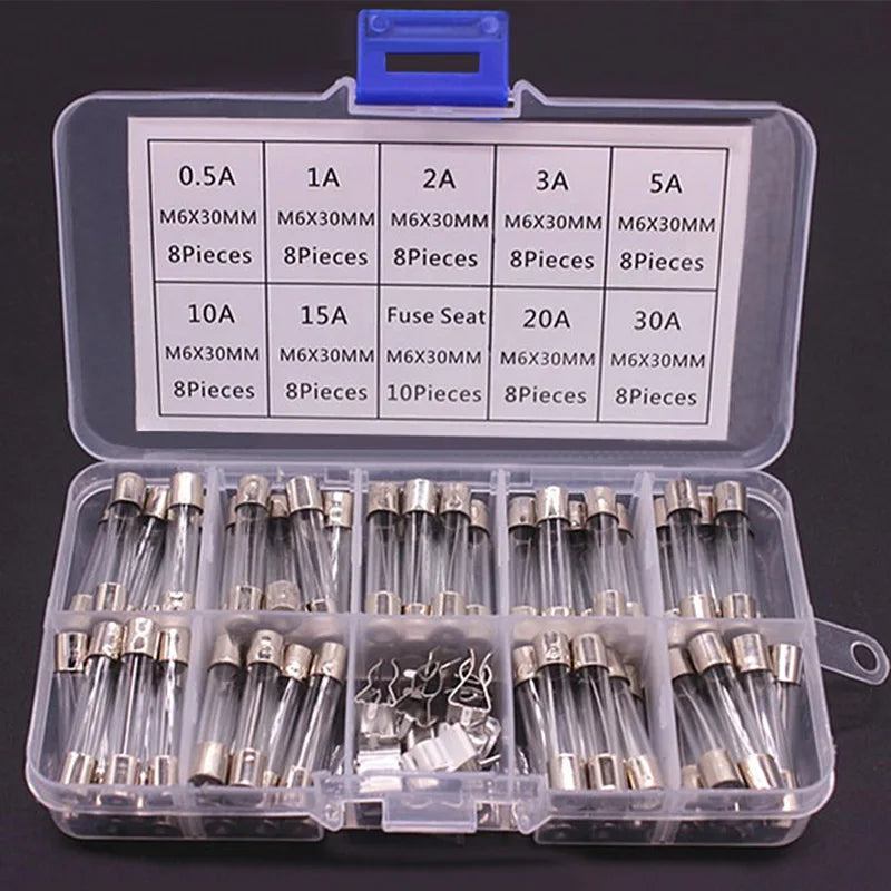 100/72pcs Car Fast-blow Glass Fuses Car Glass Tube Fuses 0.2-20A 0.5-30A Assorted Kit for Car Light