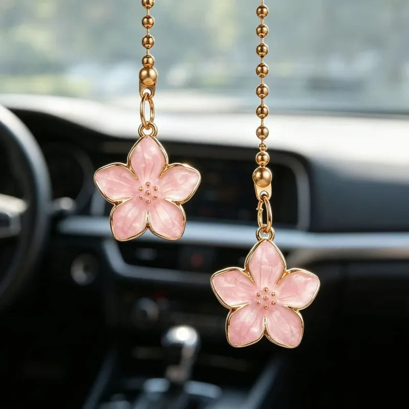 Car Rearview Mirror Pendant Pink Sakura Flower Pendant with Gold Chain Cute Auto Interior Decor Gifts for Women Decoraction