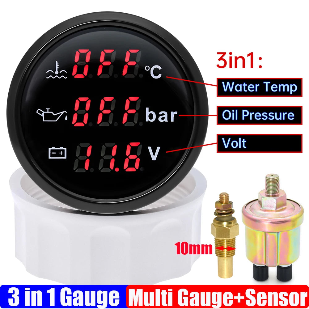 3 In 1 Digital 52mm Gauge with Alarm 0~120℃ Water Temperature Gauge+Oil Pressure+Voltage with Oil Press/Water Temp Sensor Custom