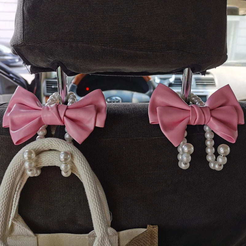 Bowknot Pearl Car Seat Back Organizer Clip Hanger close-up view