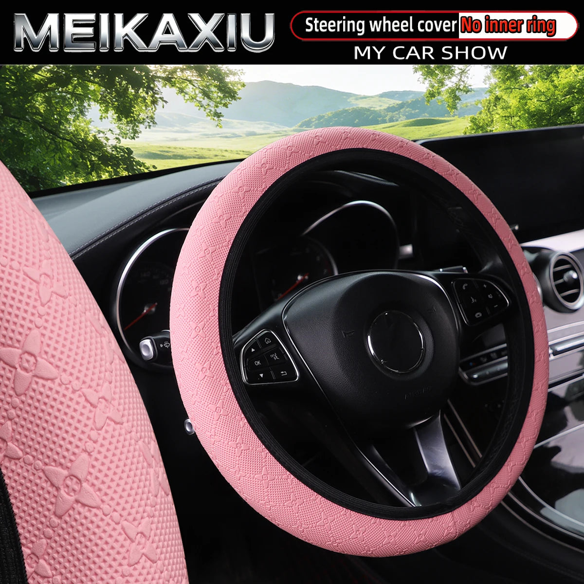 Women's Star-Embossed 3D PU Leather Car Steering Wheel Cover Rimless Auto Accessory additional angle