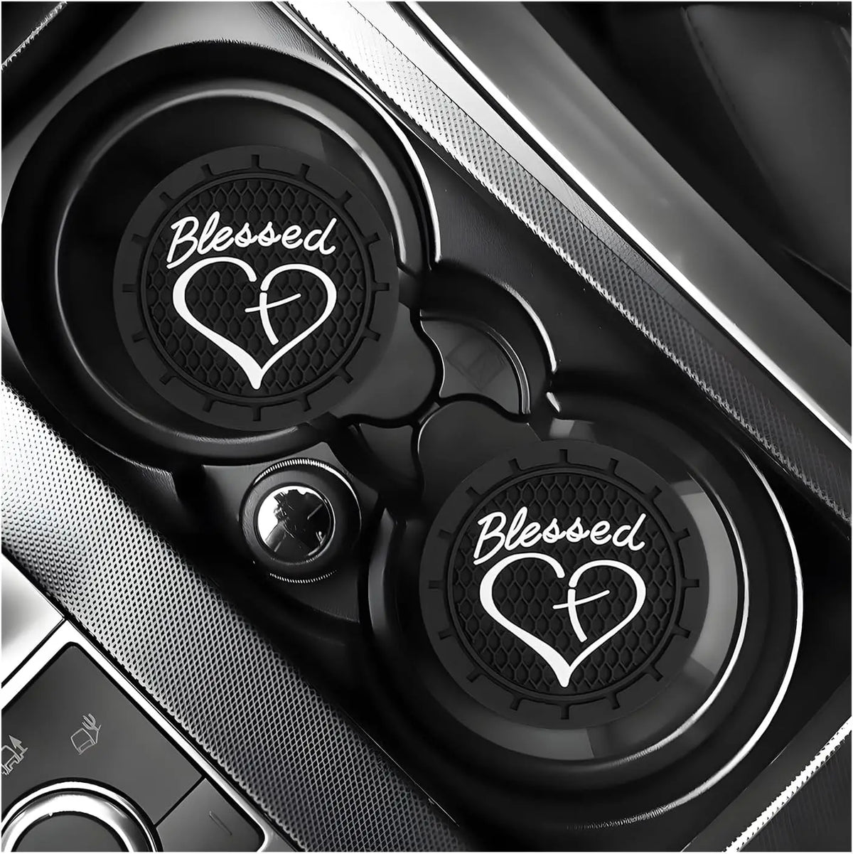 2 PCS Car Cup Holder Coasters, 2.76 Inch Anti Slip Vehicle Drink Mats with Cute Blessed Cross and Heart, Shockproof, Universal C