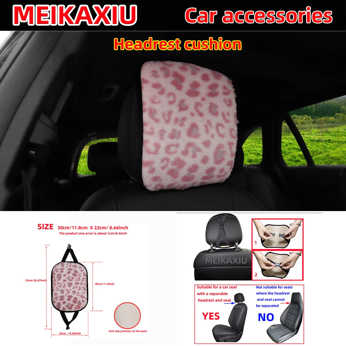8 Set leopard print plush car rimless steering wheel cover, gear shift cover, shoulder close-up view