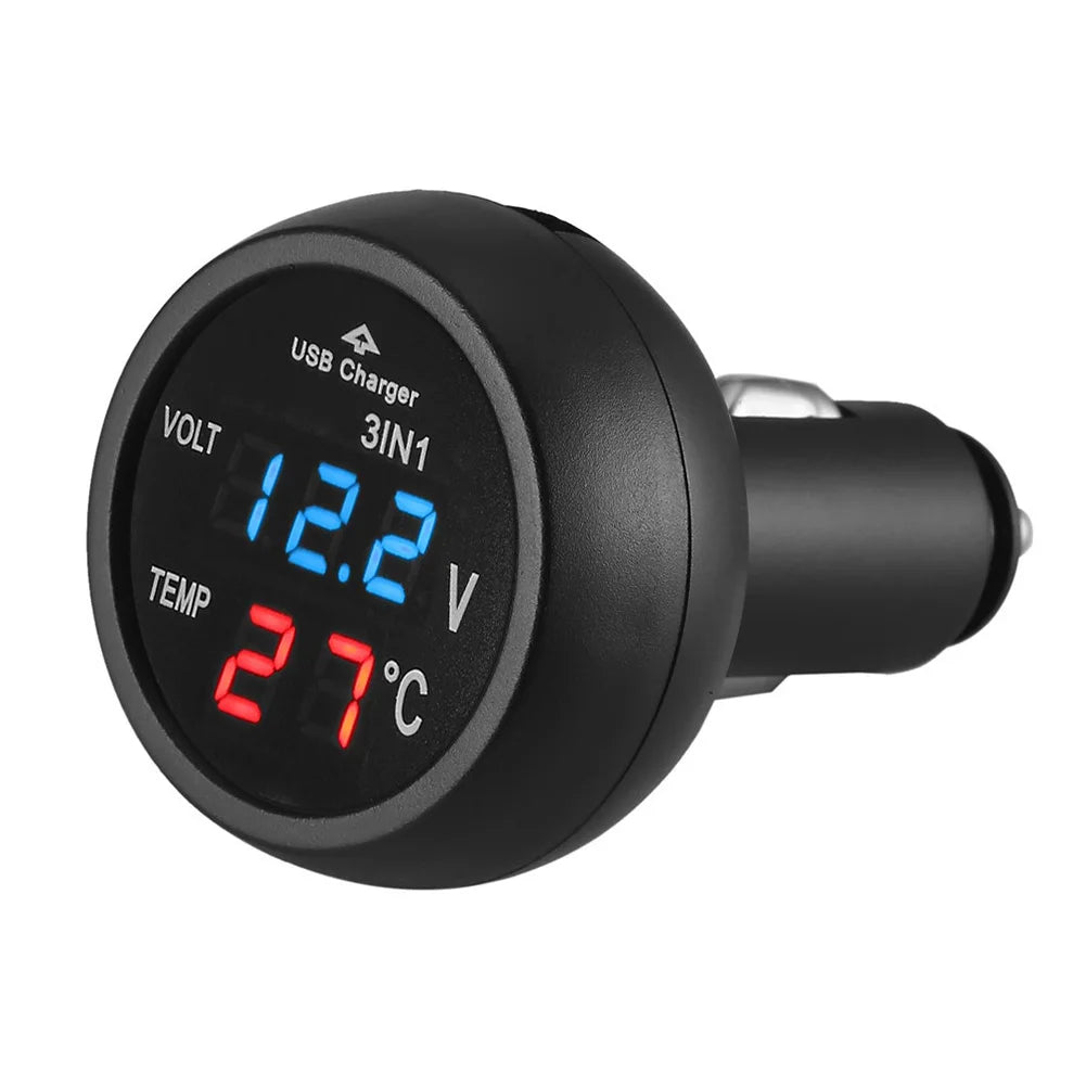3 in 1 Car LED Digital Voltmeter Gauge Thermometer USB Charger | 12V/24V Dual USB Port M detail view