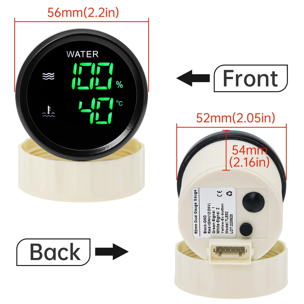 Digital 2In1 Dual 52mm Gauge with Alarm 0-190OHM Water Level Sensor for Water Level Meter+Water Temp Gauge AutoCar 12V24V custom
