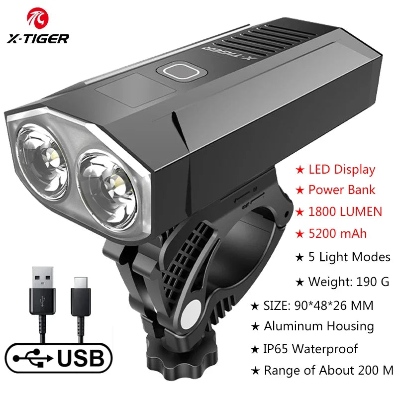 X-TIGER Bike Front Light Set Waterproof MTB Bicycle Lamp 5200mAh USB Rechargeable L additional angle