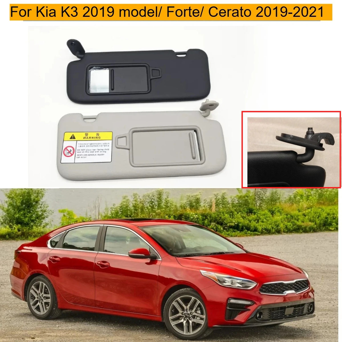 Black Car Sun Visor with Makeup Mirror Fit for Kia K3 Forte Cerato 2019-2021 Interior Sun Shade Guard OE:85210-Q81000WK 85220-Q8
