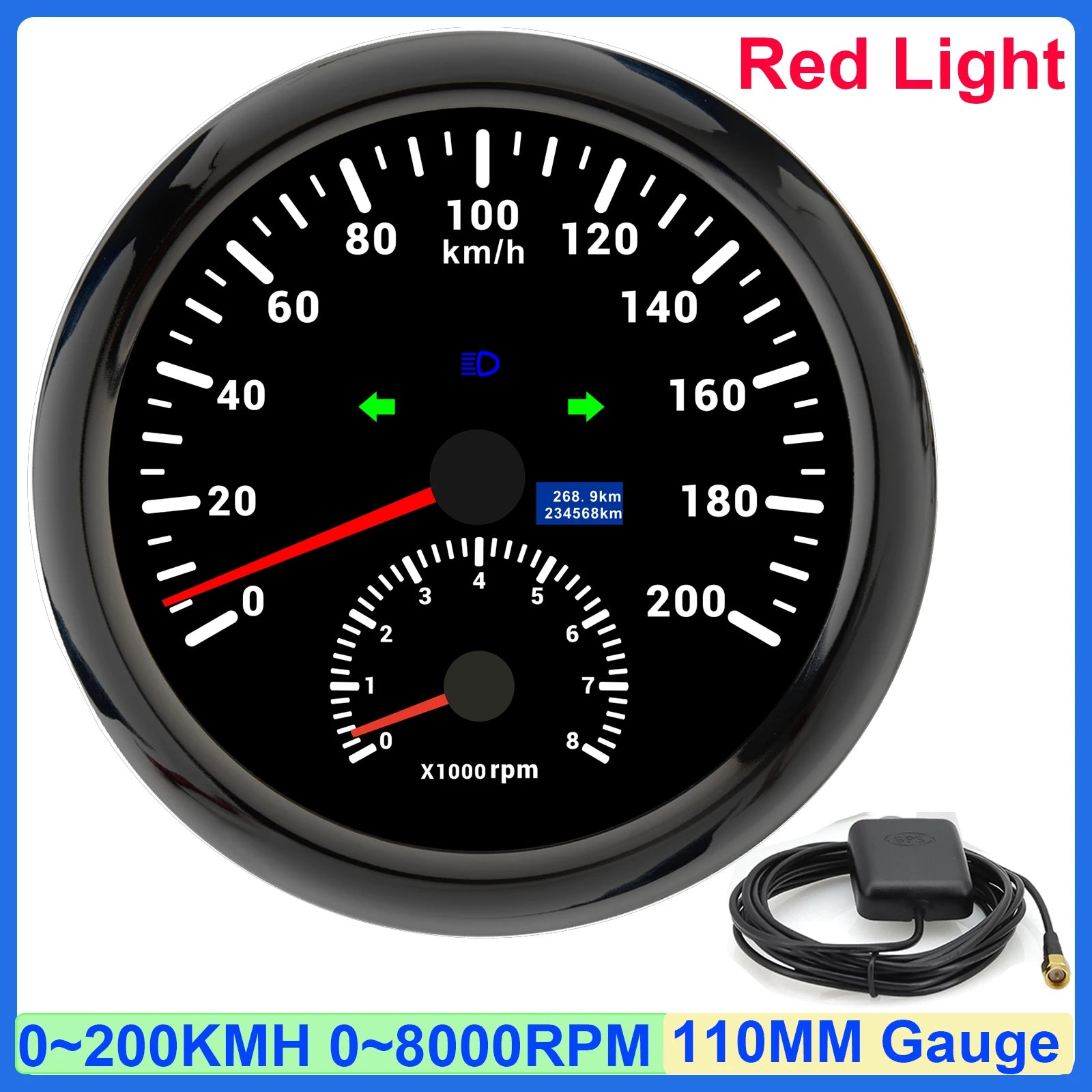 GPS Speedometer and Tachometer Combo | 2 in 1 110mm Gauge with GPS Antenna detail view