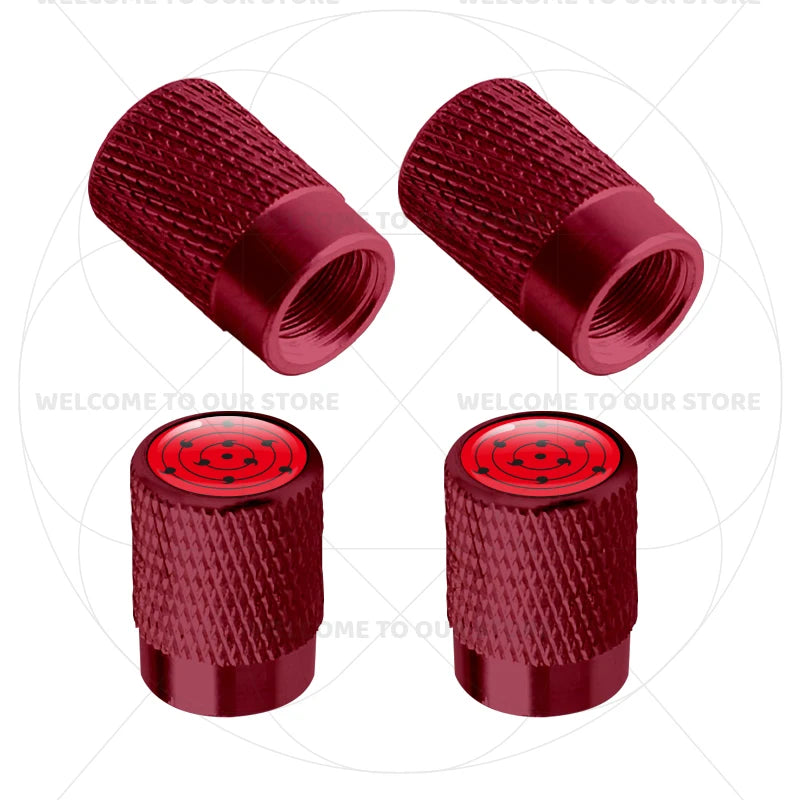Itachi Rinnegan Sharingan Tire Valve Caps | 4pc Aluminum Anime Car Accessories lifestyle view