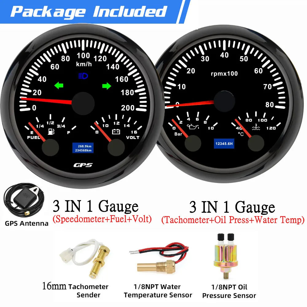 Custom 2 Gauges Set With Sensors Kit | 85mm 3-in-1 GPS Speedometer, Fuel, Tachometer, Oil, and Water