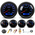 85mm GPS Speedometer 6 Gauge Set with Sensors | 200kmh 8000rpm Tachometer Voltmeter close-up view