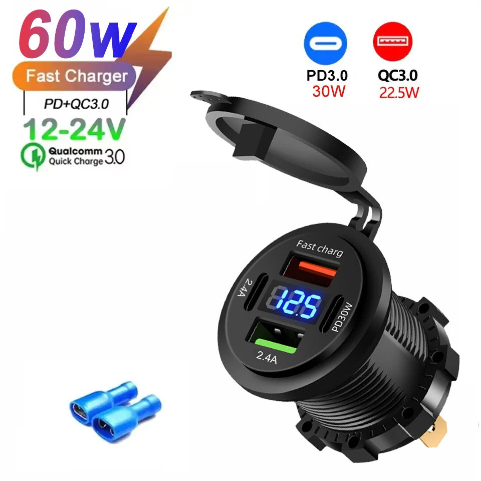 New Car USB Charger PD3.0 & QC3.0 Fast Charging Socket with Voltmeter On/Off Switch 1 alternate view