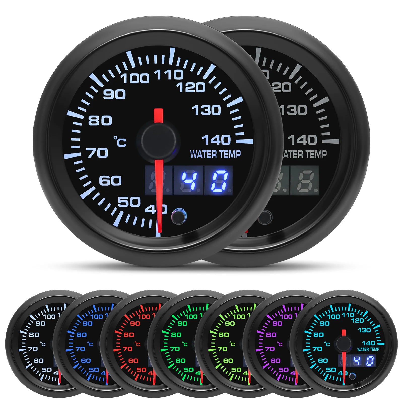 52MM 7-in-1 Car Gauge Set | LED Dual Display with Sensors for 12V Gasoline Vehicles close-up view