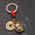 Brass Lucky Cat Keychain with Five Emperor Coins additional angle