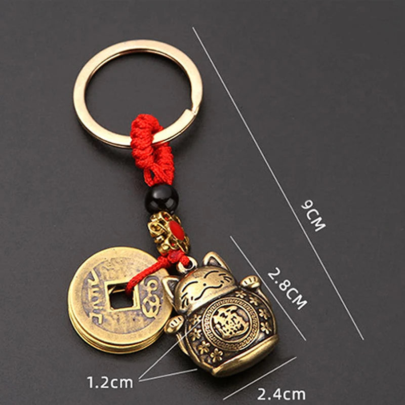 Brass Lucky Cat Keychain with Five Emperor Coins additional angle