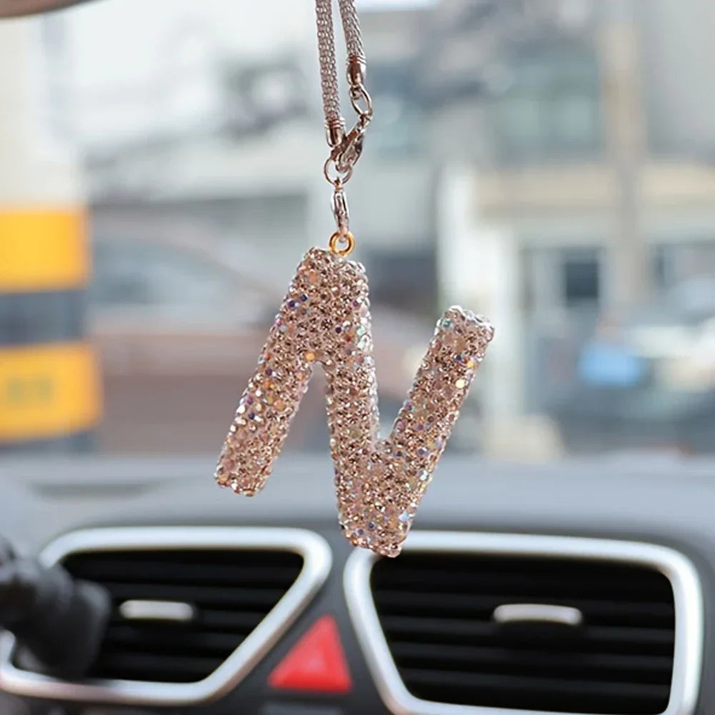 Letter Butterfly Knot Clay Car Interior Accessories Hanging Ornament Women's Rhinestone Car Rearview Mirror Pendant Drop