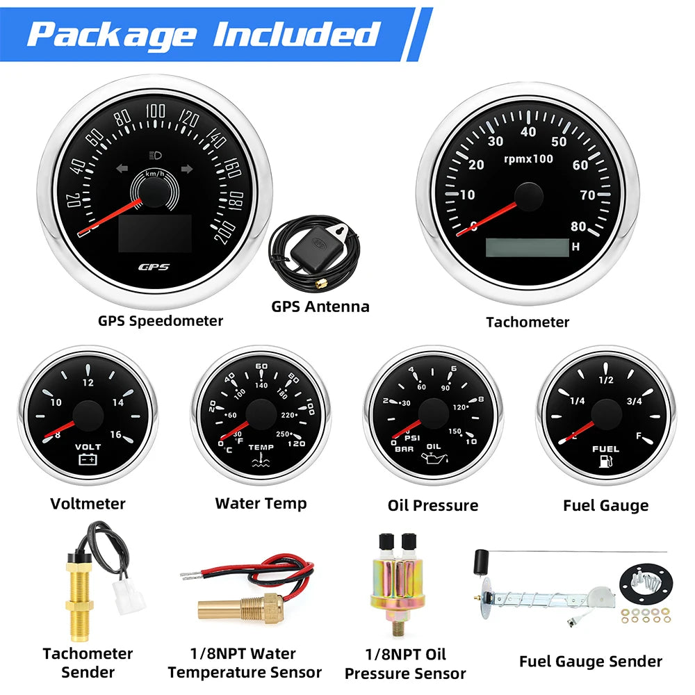 6pcs Gauge Set 160MPH 200km/h GPS Speedometer Tachometer Water Temp Fuel Voltmeter Oi lifestyle view