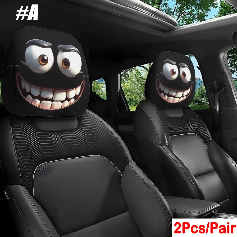 2PCS Generic Car Headrest Covers with Funny Smiley Face Design, Black Elastic Fabric, lifestyle view