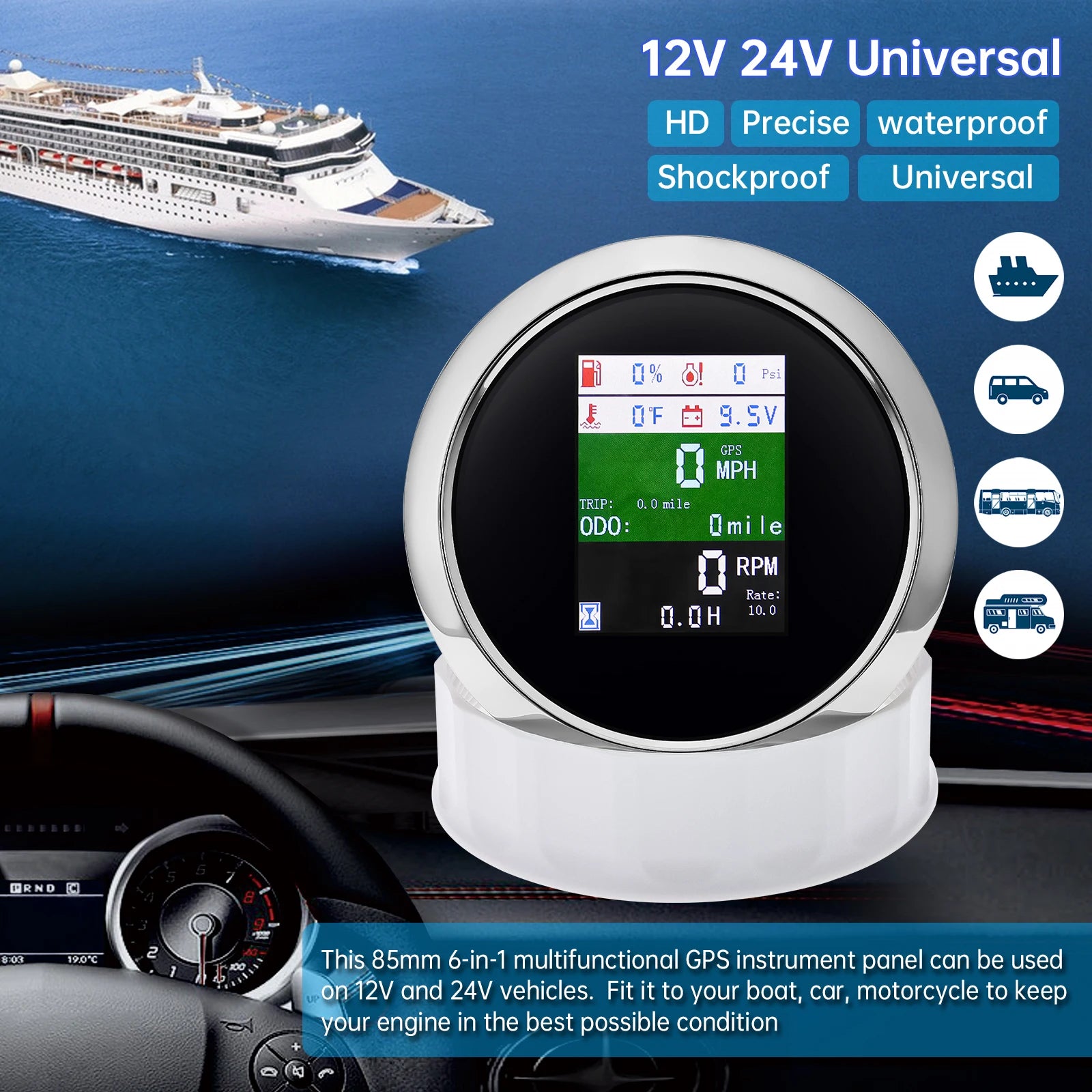 6 In 1 85mm Gauge GPS Speedometer+Tachometer+Fuel Level Gauge+Oil Pressure+Water Temp+Voltage for Car Boat Marine 12V24V Custom