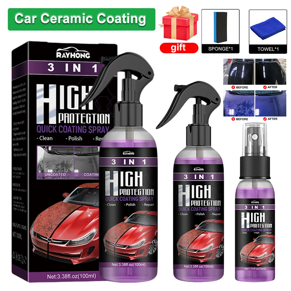 3 In 1 Ceramic Coating Spray | Hydrophobic Car Wax Polish Sealant for Paint, Glass & Wheels