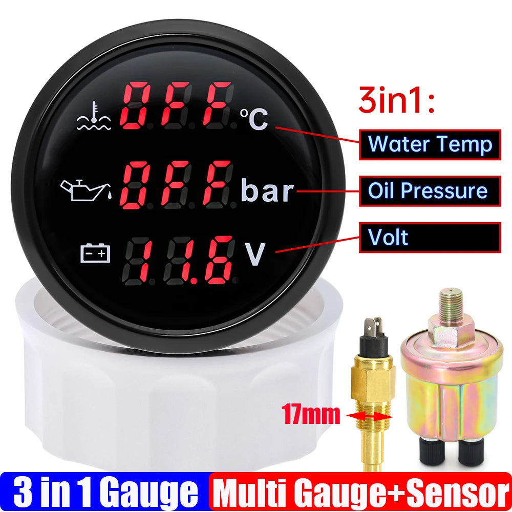 3 In 1 Digital 52mm Gauge with Alarm 0~120℃ Water Temperature Gauge+Oil Pressure+Voltage with Oil Press/Water Temp Sensor Custom