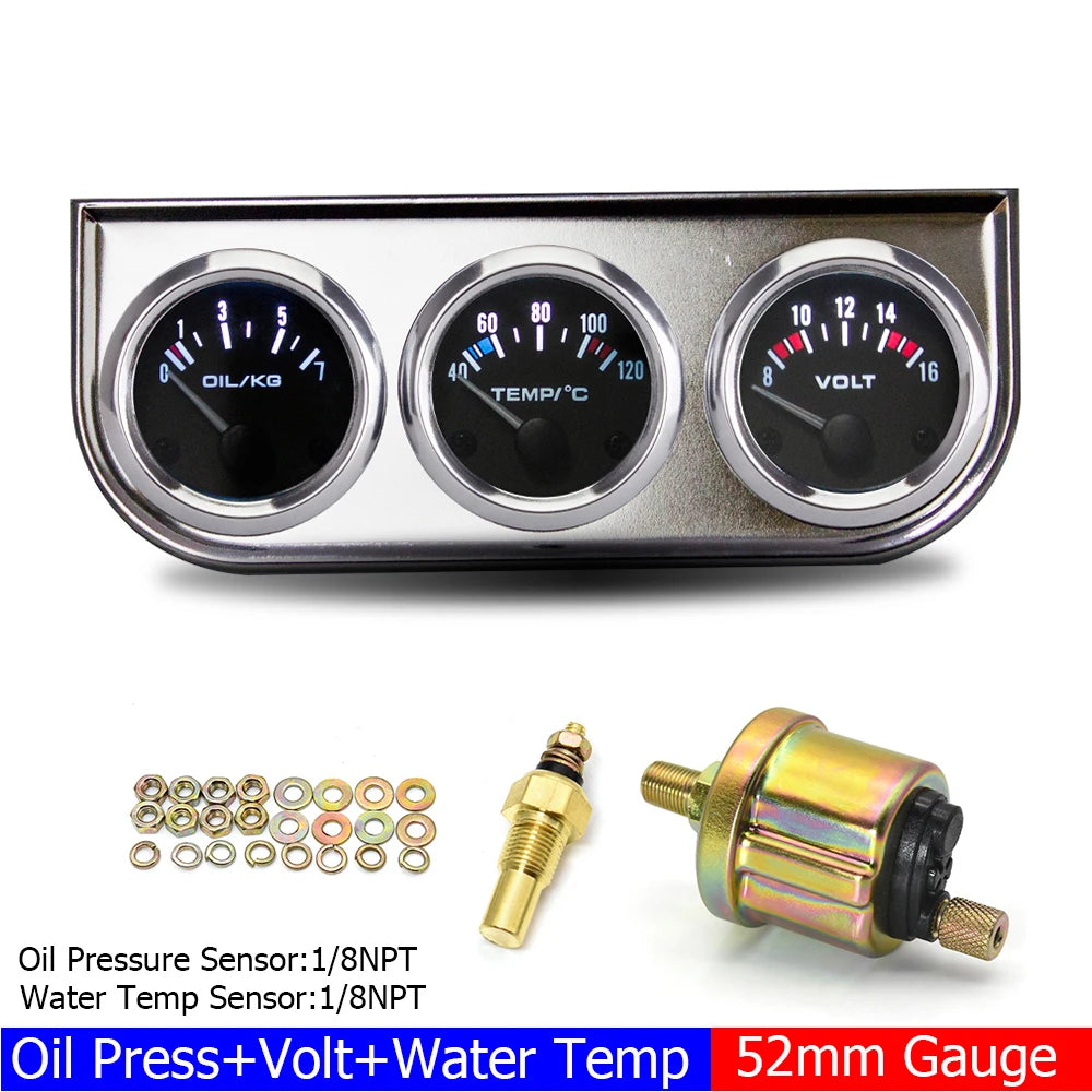 2" 52MM Triple Gauge 3 In 1 Water Temp Oil Pressure Oil Temperature Gauge | Racing Car G detail view